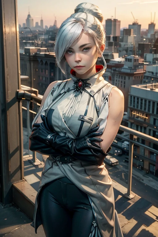 (masterpiece, best quality:1.2), cowboy shot, solo, 1girl, rwbywinter, expressionless, closed mouth, looking at viewer, crossed arms, hair over one eye, single hair bun, yoga pants, gloves, standing on balcony, cityscape background