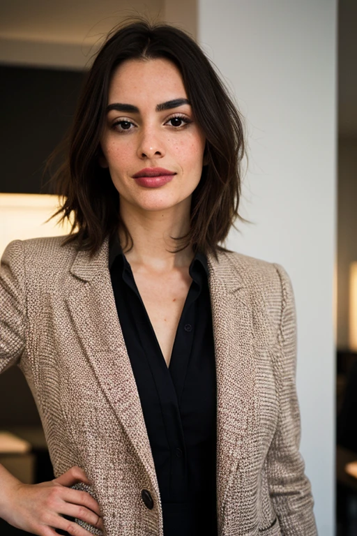A confident black businesswoman in her modern office shows her natural beauty in loose clothing, curly hair, adding a touch of autenticidade to her professional demeanor. Contudo, The focal point of your ensemble is the center of attention - a vibrant and powerful burnt orange blazer that draws attention and emphasizes your strong, dynamic presence. O ousado blazer laranja, a standout piece, complementa seu estilo com um toque de cor, It's a defining element of your professional attire. Accurately captured using a DSLR and an 80mm Sigma f2 lens, a fotografia destaca habilmente os detalhes de seu rosto expressivo, Pele radiante, e a textura dela solta, curly hair. A profundidade de campo aumenta o foco nela, com luz natural iluminando a cena, enfatizando a prioridade dada ao marcante tom laranja do blazer. Confidently positioned with hands on table, ela exala uma atitude equilibrada e determinada, incorporando o sucesso no mundo profissional. The image masterfully captures the elegance, autenticidade, and empowerment of black businesswomen, with the bold statement of the vibrant orange blazer taking precedence in her sleek, modern workspace.