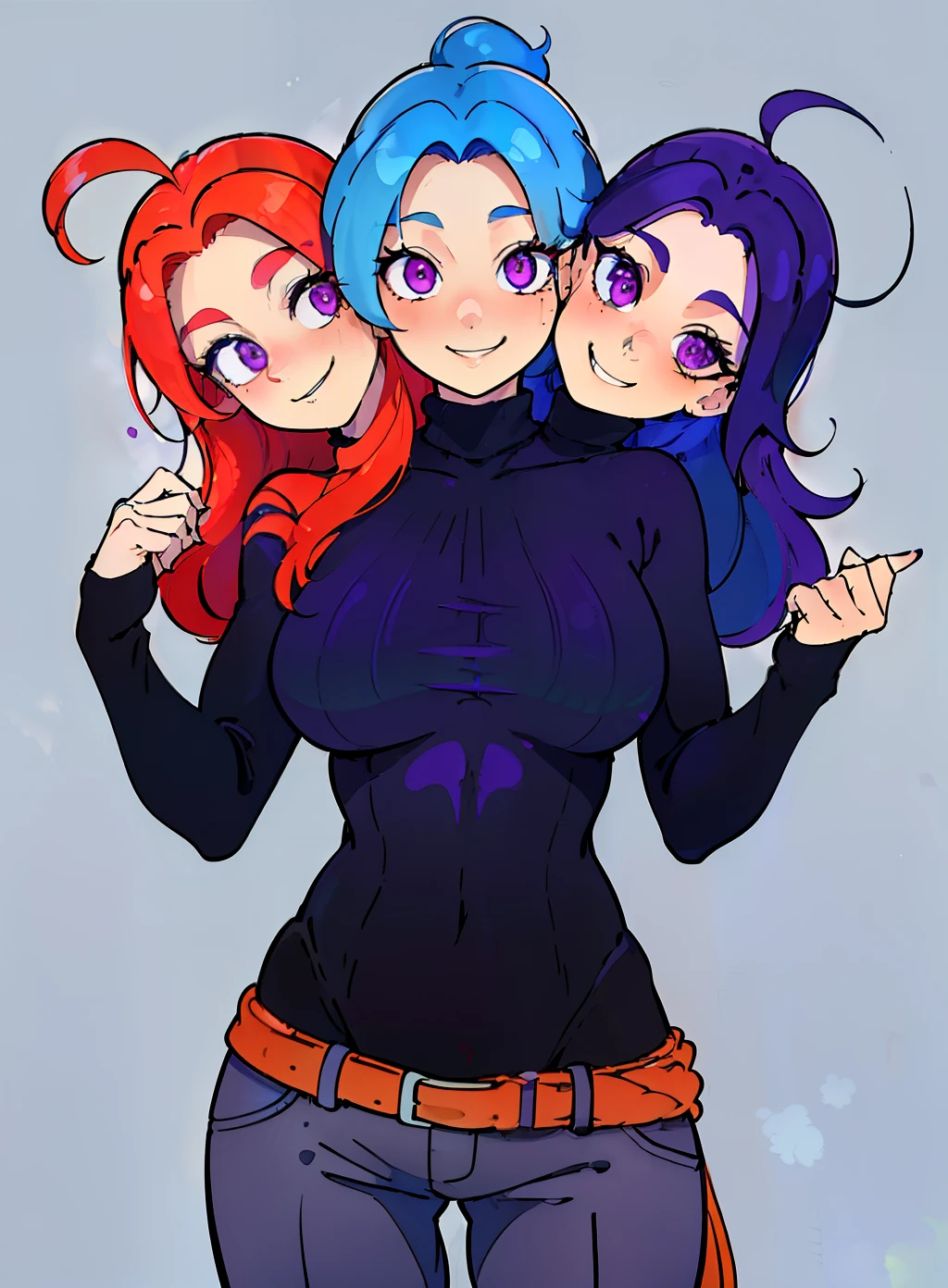(masterpiece, best quality), best resolution, (3heads:1.5), 1girl,(vivid sky blue hair), (red orange hair), (violet purple hair), same eye color as the hair, smiling, giggling, friendly, inviting, ((very shy expression)), mature look, (dark gray turtleneck sweater), black long pants, vibrant colors, long hair, (hair clip), ((sharp looking eyes))
