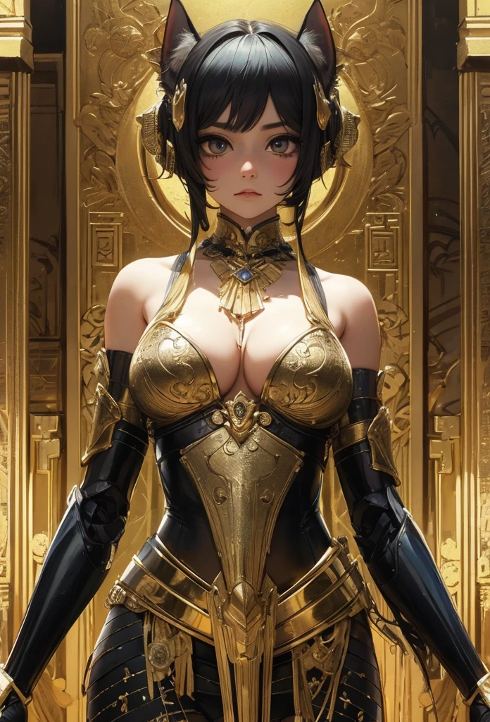 (Detailed illustrations,Very detailed and detailed drawing,Delicate lines with slow and rapid,Realistic texture expression),[Color tressed main line],[ruins background [Ancient Egypt]],HENTAI (ANIME Girl (Beautiful fece) ) cyborgs [(skin tanned) [Lustrous black hair]],((Bastet) Beautifully decorated golden cyber armor) ([Complex decorative processing] [elegent],Gorgeous golden luster (Polished reflective luster)) [Gorgeous and luxurious],gravure,[Oparts Lost Technology [Hierograph]],(複雑でBeautiful fece装飾 [Dense detail]),(きめ細やかでBeautiful fece肌表現 [Transparency]),[完璧な目のdetaileds (Iris beautifully drawn in every detail)[Jewel-like eyes]],[長くてBeautiful fece睫毛],[Meticulously drawn hair [美しく艷やかな髪のdetaileds]],(完璧な手のdetaileds [破綻のないBeautiful fece指 [Beautiful nails]]),(Perfect Anatomy(Perfectly proportioned))[[Full body like]],[[Design built to the highest level]][Ideal color coordination(Accurate simulation of light-material interactions)],([Precision Detail](detaileds,high-detail)),[Visual art that conveys a sense of narrative].