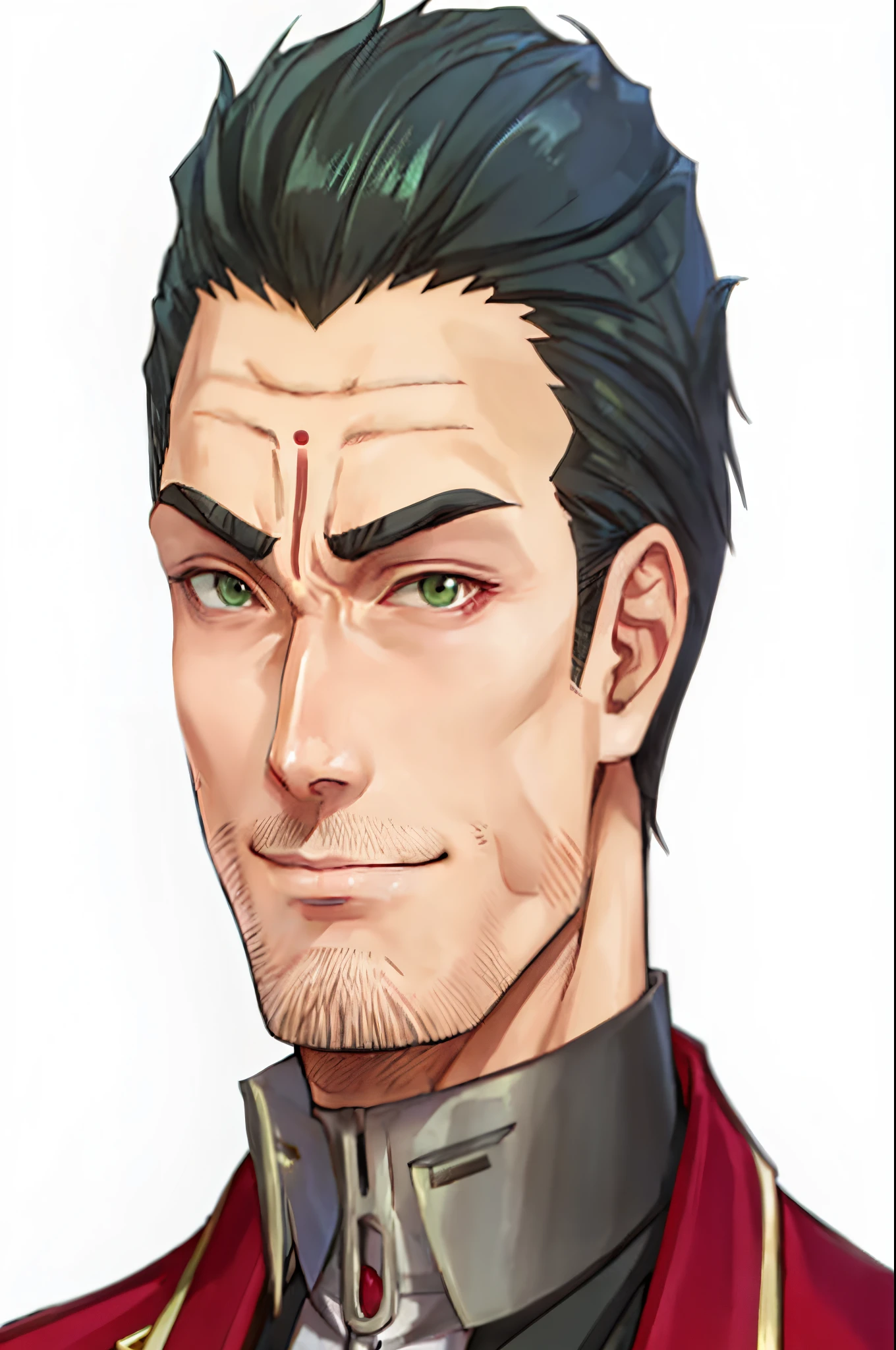 a cartoon picture of a man with a red jacket and green eyes, nobutaka ike, hijikata toushirou, roguish smirk, tsurumaki kazuya, okata kazuto, lance, furio tedesschi, highley detailled face, kazuma kaneko, tsukasa dokite, shikanosuke yagaki, scarred face, shaved hair, smirk, chin goatee