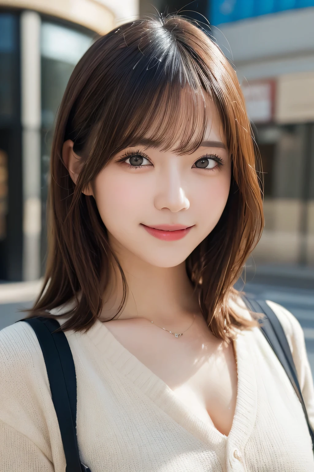 masutepiece, Best Quality, Illustration, Ultra-detailed, finely detail, hight resolution, 8K Wallpaper, Perfect dynamic composition, Beautiful detailed eyes, doress,Medium Hair, mid-chest, Natural Color Lip, Random and sexy poses,Smile,Aoyama Street Walk、20 years girl