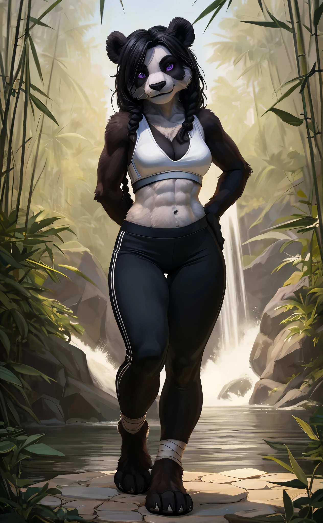 [pandaren], [WOW], [Uploaded to e621.net; (Pixelsketcher), (foxovh), (woolrool)], ((masterpiece)), ((HD)), ((highres)), ((solo portrait)), ((front view)), ((feet visible)), ((furry; anthro panda)), ((detailed fur)), ((detailed shading)), ((beautiful render art)), ((intricate details)), {anthro panda; (slim figure), (brown and white fur), black nose, (black hair), (long braided hair), (cute purple eyes), (short eyelashes), short fluffy tail, (curvy hips), (thick thighs), (defined abs), (beautiful paws), (cute smirk)}, {(white sports bra), (cleavage), (tight brown spandex pants), (bandages on ankles)}, {(standing), (arms behind back), (looking at viewer)}, [background; (bamboo forest), (waterfall), (blue sky), (sun rays), (ambient lighting)]
