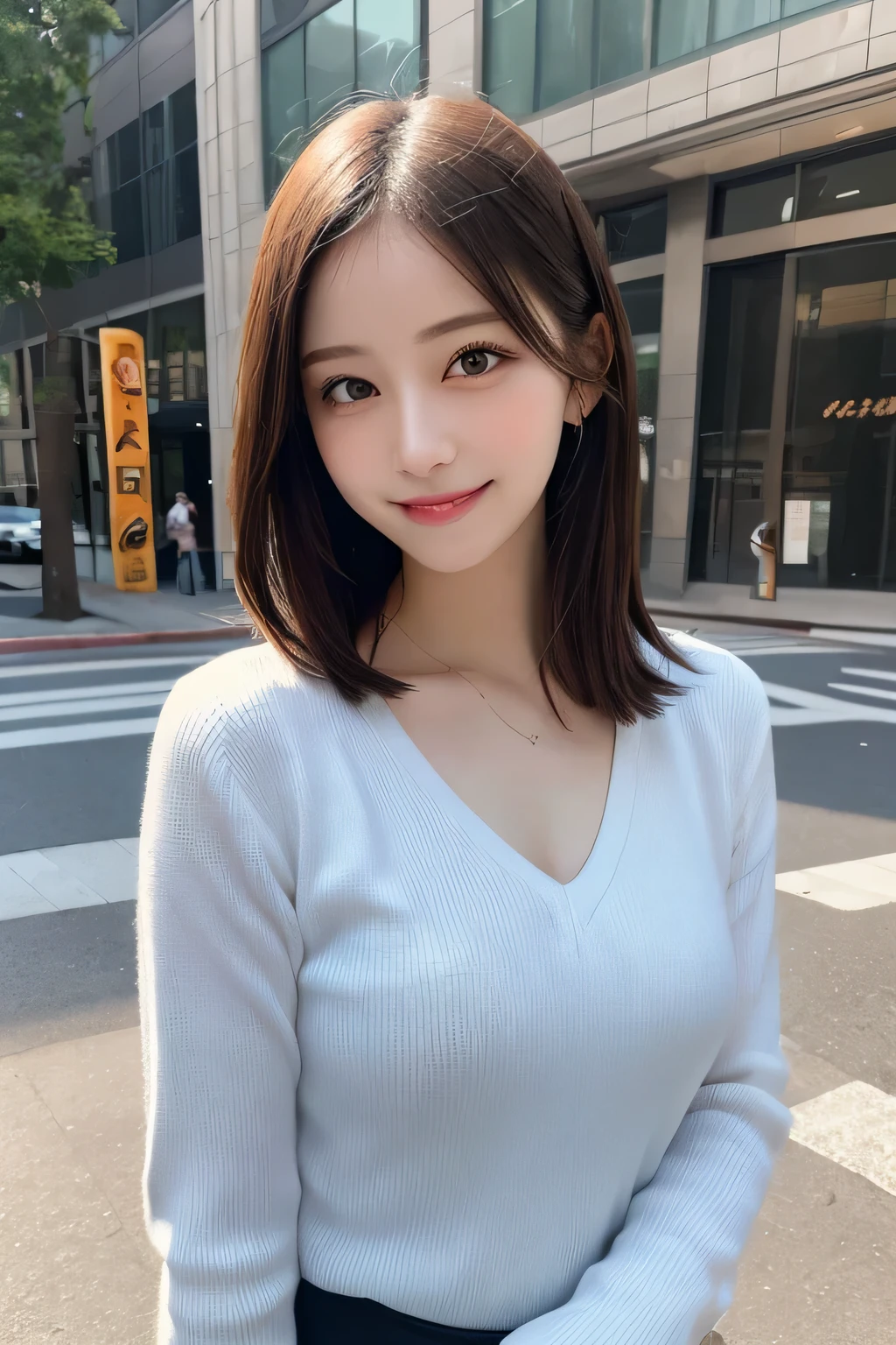 masutepiece, Best Quality, Illustration, Ultra-detailed, finely detail, hight resolution, 8K Wallpaper, Perfect dynamic composition, Beautiful detailed eyes, doress,Medium Hair, mid-chest, Natural Color Lip, Random and sexy poses,Smile,Aoyama Street Walk、20 years girl