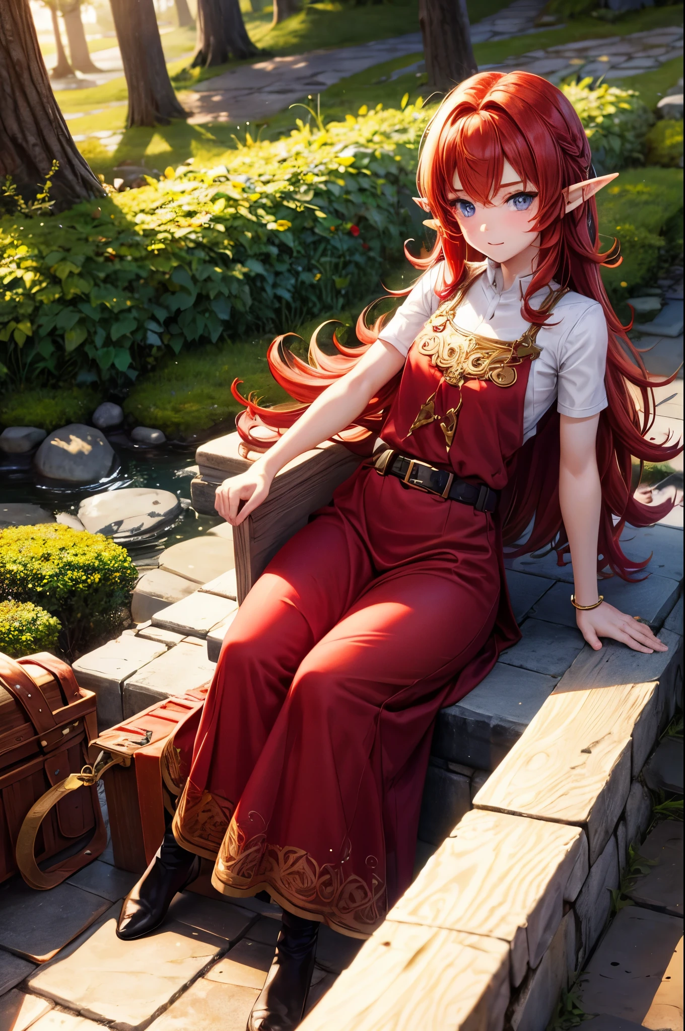 elf with bright red hair and pale gold color eyes