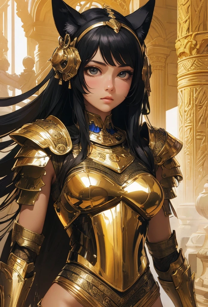 (Detailed illustrations,Very detailed and detailed drawing,Delicate lines with slow and rapid,Realistic texture expression),[Color tressed main line],[ruins background [Ancient Egypt]],HENTAI (ANIME Girl (Beautiful fece) sixteen years old) cyborgs [(skin tanned) [Lustrous black hair]],((Bastet) Beautifully decorated golden cyber armor) ([Complex decorative processing] [elegent],Gorgeous golden luster (Polished reflective luster)) [Gorgeous and luxurious],gravure,[Oparts Lost Technology [Hierograph]],(複雑でBeautiful fece装飾 [Dense detail]),(きめ細やかでBeautiful fece肌表現 [Transparency]),[完璧な目のdetaileds (Iris beautifully drawn in every detail)[Jewel-like eyes]],[長くてBeautiful fece睫毛],[Meticulously drawn hair [美しく艷やかな髪のdetaileds]],(完璧な手のdetaileds [破綻のないBeautiful fece指 [Beautiful nails]]),(Perfect Anatomy(Perfectly proportioned))[[Full body like]],[[Design built to the highest level]][Ideal color coordination(Accurate simulation of light-material interactions)],([Precision Detail](detaileds,high-detail)),[Visual art that conveys a sense of narrative].