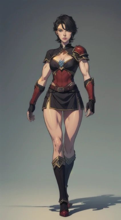 no background, background clean, standing character full body ((solo)), warrior female beautiful adult, perfect fitness body, beautiful charming cute face, short black hair, pretty detail eyes, beautiful detailed lips, extremely detailed eyes and face, red armor knight