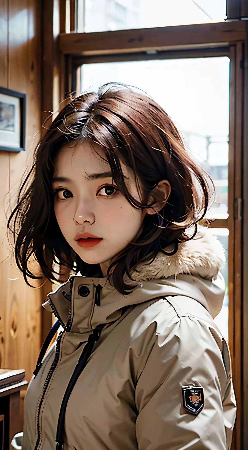 ultra-definition, ​masterpiece, 1girll, 22yo, Korean Girl, soothing tones, muted colors, High contrast, (Natural skin texture, hyperrealism, Soft light, edgy), (short heads, scruffy_heads, dark red heads), wintery, Beige extra long padding, Goose down padding, very long and thick parka,