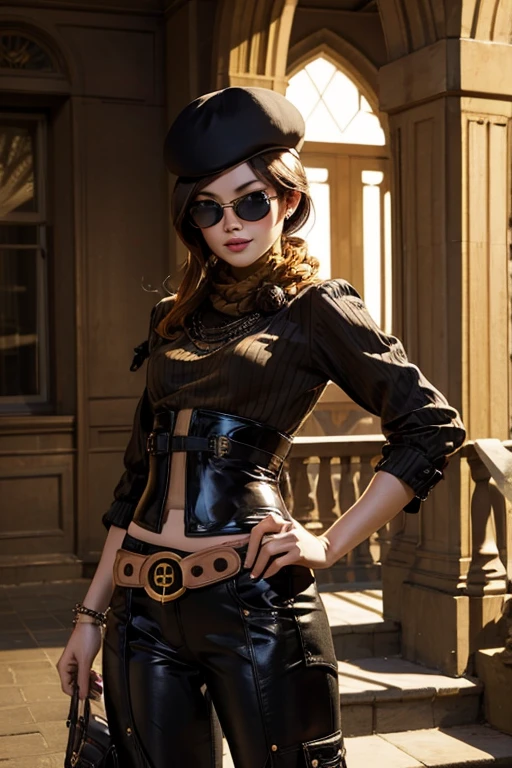 (masterpiece, best quality:1.2), cowboy shot, solo, 1girl, coco adel, grin, looking at viewer, hand on hip, beret, sunglasses, orange sweater, corset, black gloves, yoga pants, jewelry, belt, bandolier, standing clothing store