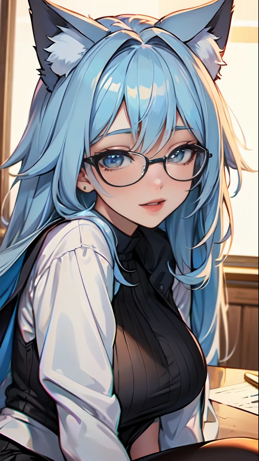 Masterpiece, beautiful art, professional artist, 8k, art style by sciamano240, very detailed face, detailed hair, detailed clothes, detailed fabric, 1girl, perfectly drawn body, beautiful face, long hair, light blue hair , very detailed blue cat eyes, big smile, wearing teacher clothes, black thigh boots, black pencil skirt, glasses, rosey cheeks, school setting, model headshot , zoom in face, show details in eyes, upclose view, looking at viewer,