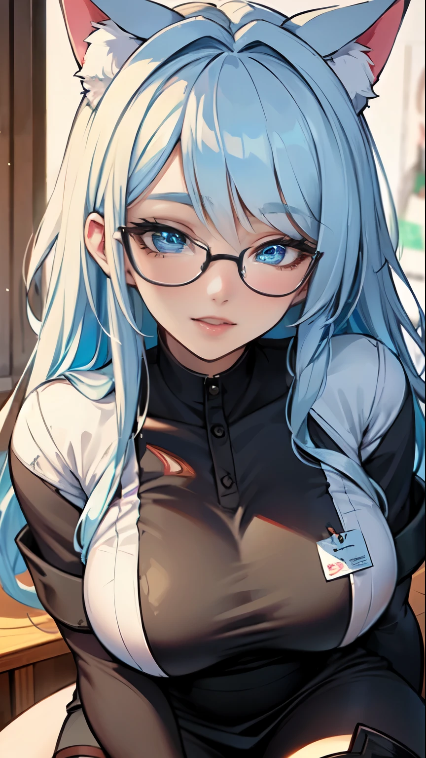Masterpiece, beautiful art, professional artist, 8k, art style by sciamano240, very detailed face, detailed hair, detailed clothes, detailed fabric, 1girl, perfectly drawn body, beautiful face, long hair, light blue hair , very detailed blue cat eyes, big smile, wearing teacher clothes, black thigh boots, black pencil skirt, glasses, rosey cheeks, school setting, model headshot , zoom in face, show details in eyes, upclose view, looking at viewer,