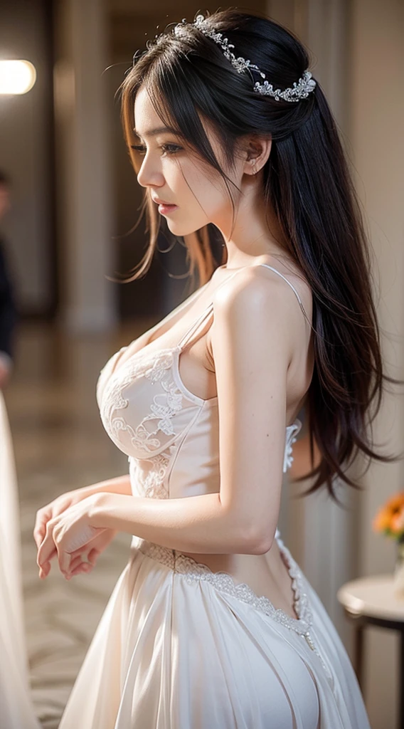 1girls, bride, Wedding Dresses, Lace pattern, Open shoulders, open back, cast a balance, (slim, Slim), (Show big breasts), (long-haired,long-hairedมาก), ม่านbride, bokeh, Depth of Field, blurred background, light particle, high wind, See the whole body...., Show all proportions, Behind the scenes of the wedding ceremony