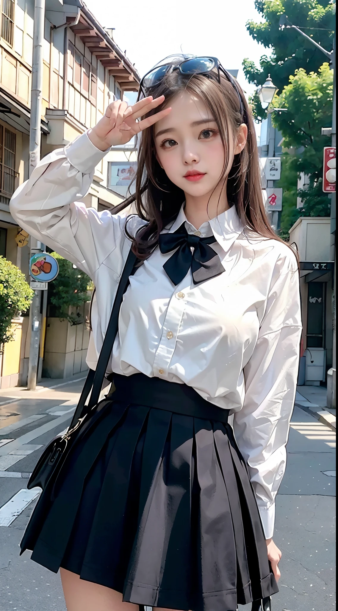 (masutepiece), (Best Quality), (1 girl), (Cute face), (Sexy Pose), (Big Puff Shirt), (Mini skirt), (Universal School), (Fugger Tits)), Dynamic Angle, Wide Angle, High color saturation, Universal Studios Japan.