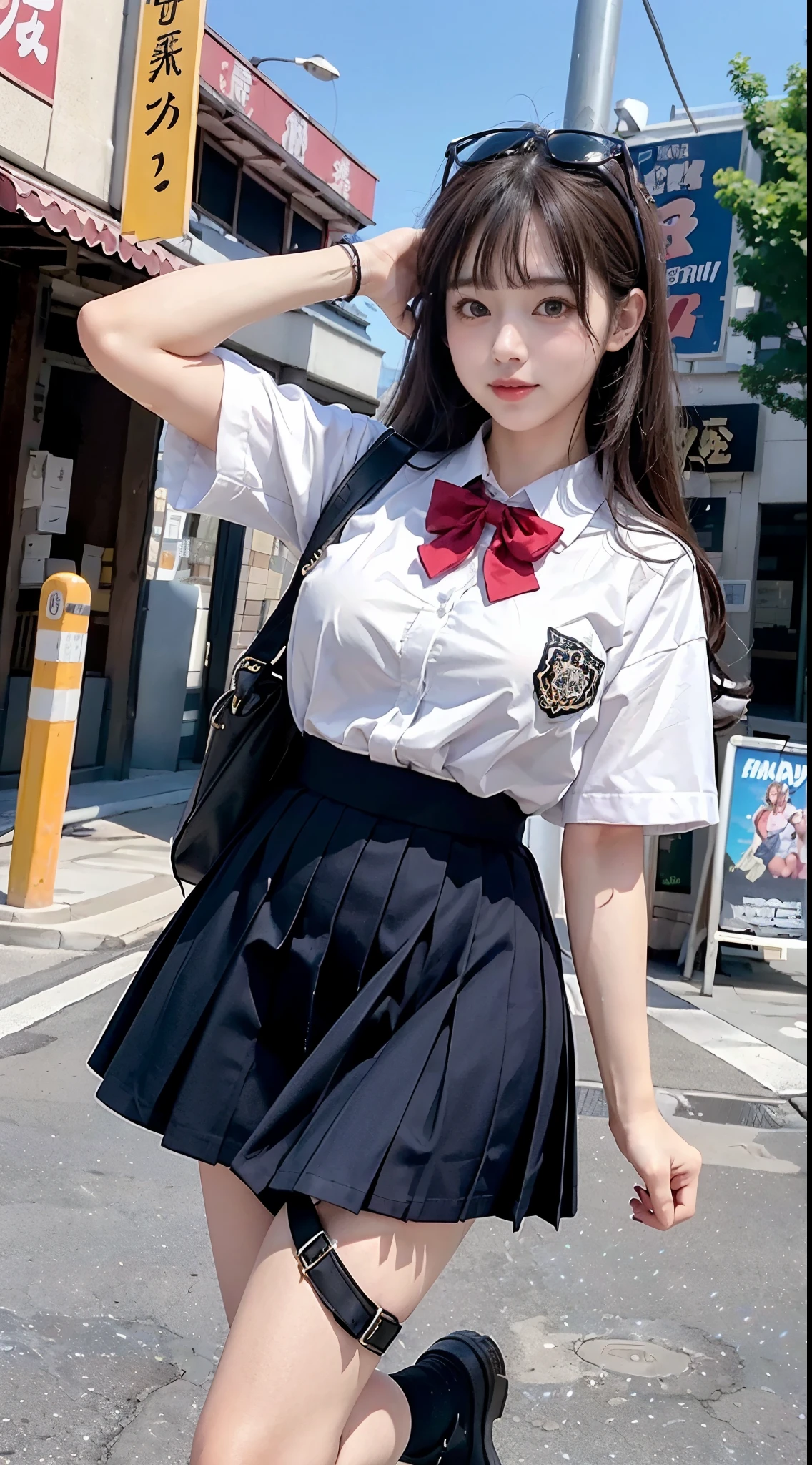 (masutepiece), (Best Quality), (1 girl), (Cute face), (Sexy Pose), (Big Puff Shirt), (Mini skirt), (Universal School), (Fugger Tits)), Dynamic Angle, Wide Angle, High color saturation, Universal Studios Japan.