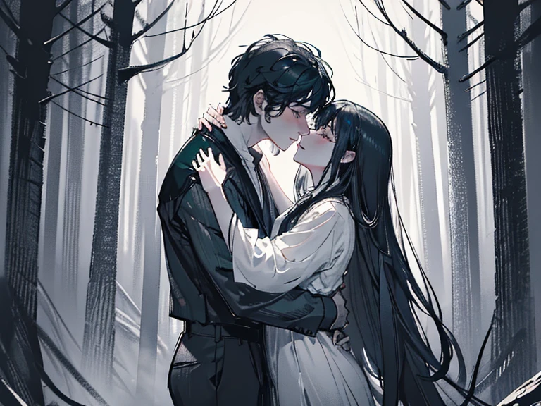 (best quality, 4k, highres), romantic moonlit night, a girl with long flowing black hair, a muscular man, misty forest, they gaze into each other's eyes, they express their love for each other, embrace each other tightly、In the fog、dark place in the forest、Short-haired man