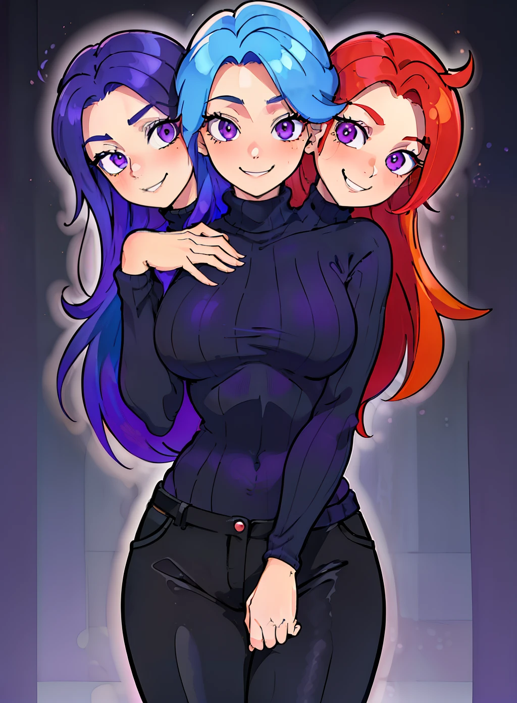 (masterpiece, best quality), best resolution, (3heads:1.5), 1girl,(vivid sky blue hair), (red orange hair), (violet purple hair), same eye color as the hair, smiling, giggling, friendly, inviting, ((very shy expression)), mature look, (dark gray turtleneck sweater), black long pants, vibrant colors, long hair, (hair clip), ((sharp looking eyes))