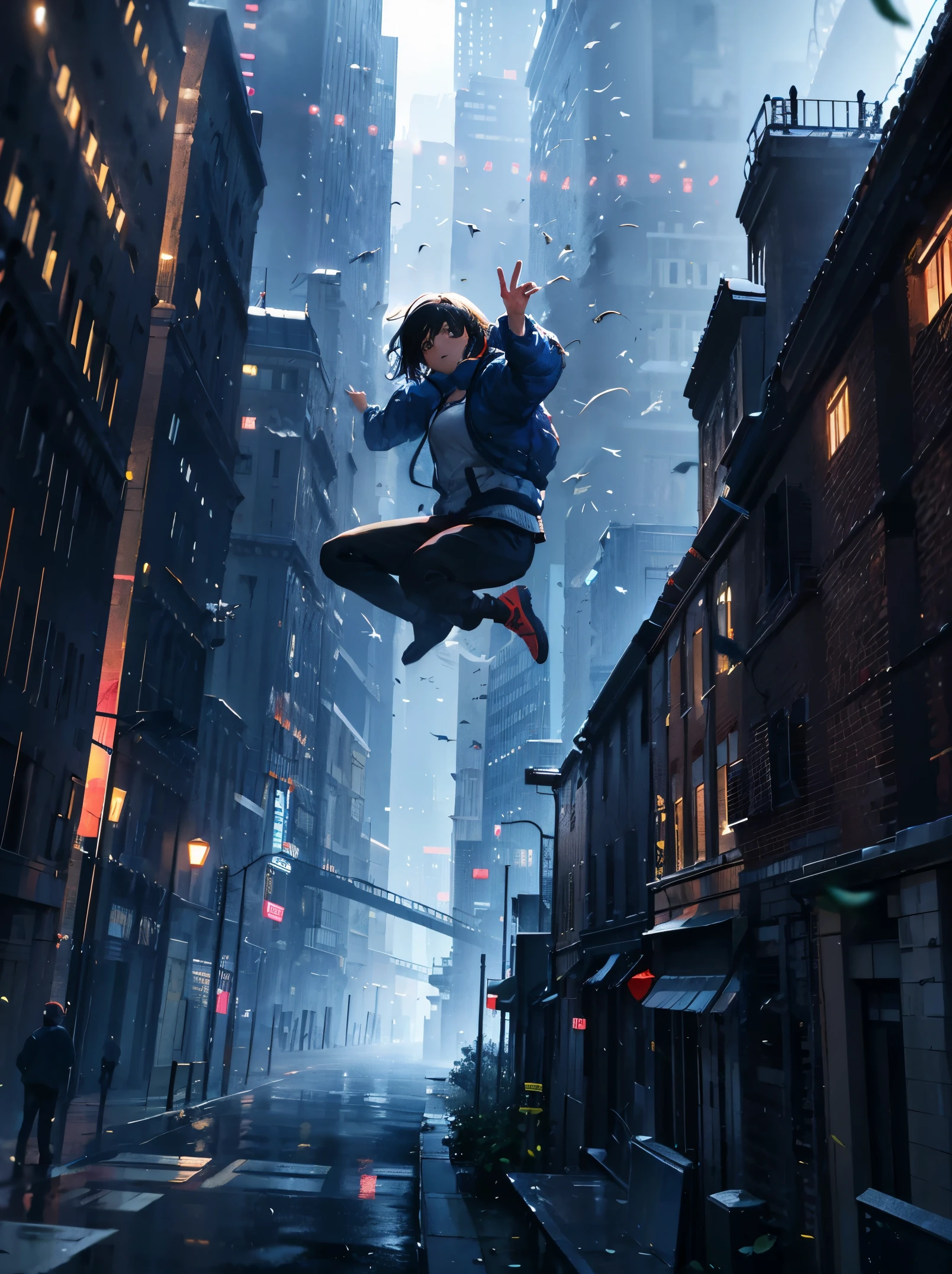Chiquita,Wearing a down jacket,fly from building to building, blows wind,Fluttering hair,(Showing off parkour), Colorful, , masterpiece, Sit up, From Side, From Side, A smile, starrysky, in a storm