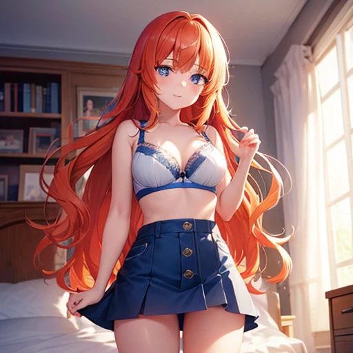 1girl, long wavy ginger hair, bright blue eyes, miniskirt, bra, in bedroom, ultra HD, ultra HD, Multi-view, high quality  , Pixar, anime style, Pixar, anime style, Bauhaus, high details, high details, high quality