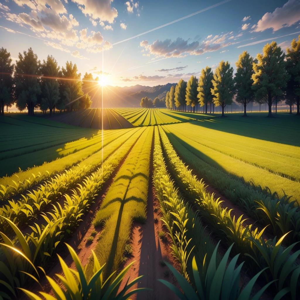 light, the setting sun behind the construction of solar panels over a field of green grass 4K, (extremely detailed CG unity 8k wallpaper), (best quality), (best illustration), (best shadow)