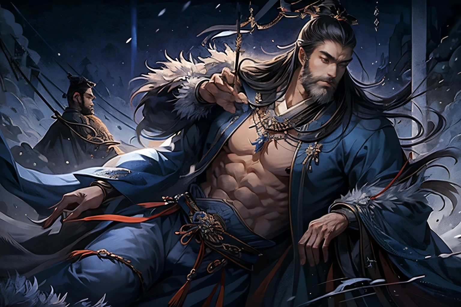 Ancient josean dynasty, thick muscular, underwear only, navy blue outfit, beards, mid 30s, Wolf on his side, midnight winter snow, handsome, thick body