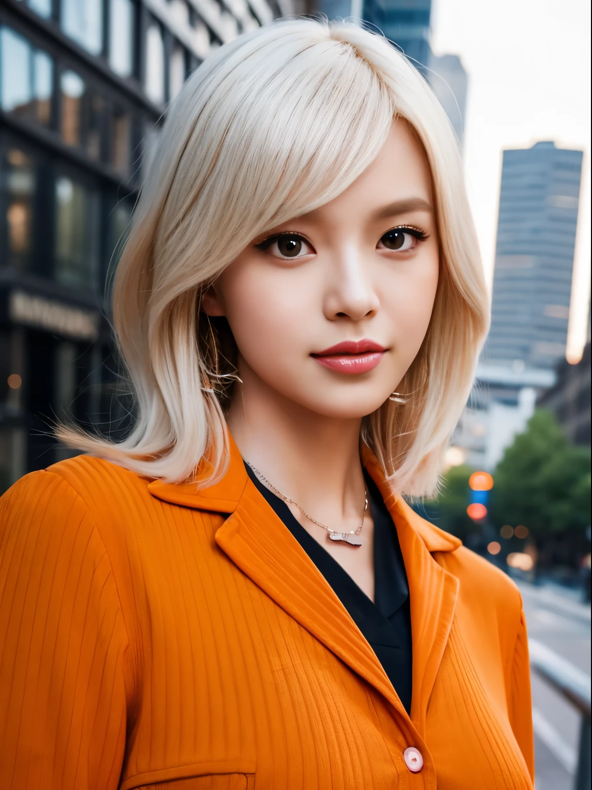 Carl Bob Kat, Platinum hair woman in orange collared shirt posing for photo shoot in city, 8k artgerm bokeh, Well-proportioned body, Beautiful Korean Woman, Gorgeous Necklaces, Beautiful young Korean woman, soft portrait shot 8 k, Korean Girl, Double and narrow eyes, Beautiful gray eyes, ros tran 8 k, cute young woman, Korean Woman, Beautiful blonde girl