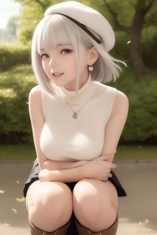 (Short flowy haircut) ,(((chestnut brown eye colour))), cute medium side bangs, (((white hair))), blooming cherry tree at the center of the background, ultra detailed, young Japanese woman , wearing simple earrings and necklace, ((wearing thigh strap)), beautiful face, ((wearing a sleeveless turtleneck cotton sweater)), ((waist-high pleated skirt)), ((hair flowing beautifully in the wind)) , perfect smooth legs, (((knees pointing inwards))),  (((contrast rich rim lighting from both sides))) , ((very short red finger nail polish)), (laced up boots) , (realistic eyes) , (firm large sized breasts) , thick calves, correct anatomy, tony taka art style, (cherry petals flying in the air by a soft breeze),ultra wide angle view, ((cinematic depth of field)), bokeh particles, (((crossed arms))), (cute smiling face), (((leaning forwards))), wearing a cute beret with a cute bow, soft lips, perfect teeth