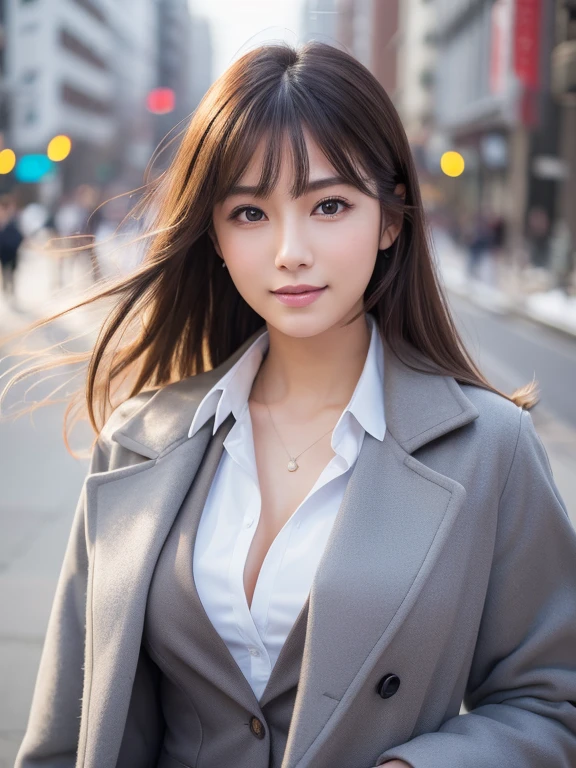 (8k, RAW photo, best quality, masterpiece, extremely detailed:1.2),(realistic, photo-realistic:1.4), sharp focus, detailed 8k background, soft light, cute, Japanese idol, (detailed skin: 1.2), 20 years old, extremely detailed face, pale skin, brown eyes, smiling, simple piercing, looking at viewer, (gray winter coat:1.2), urban city, medium size breasts, ((shirt formal)), business suits, cleavage, morning
