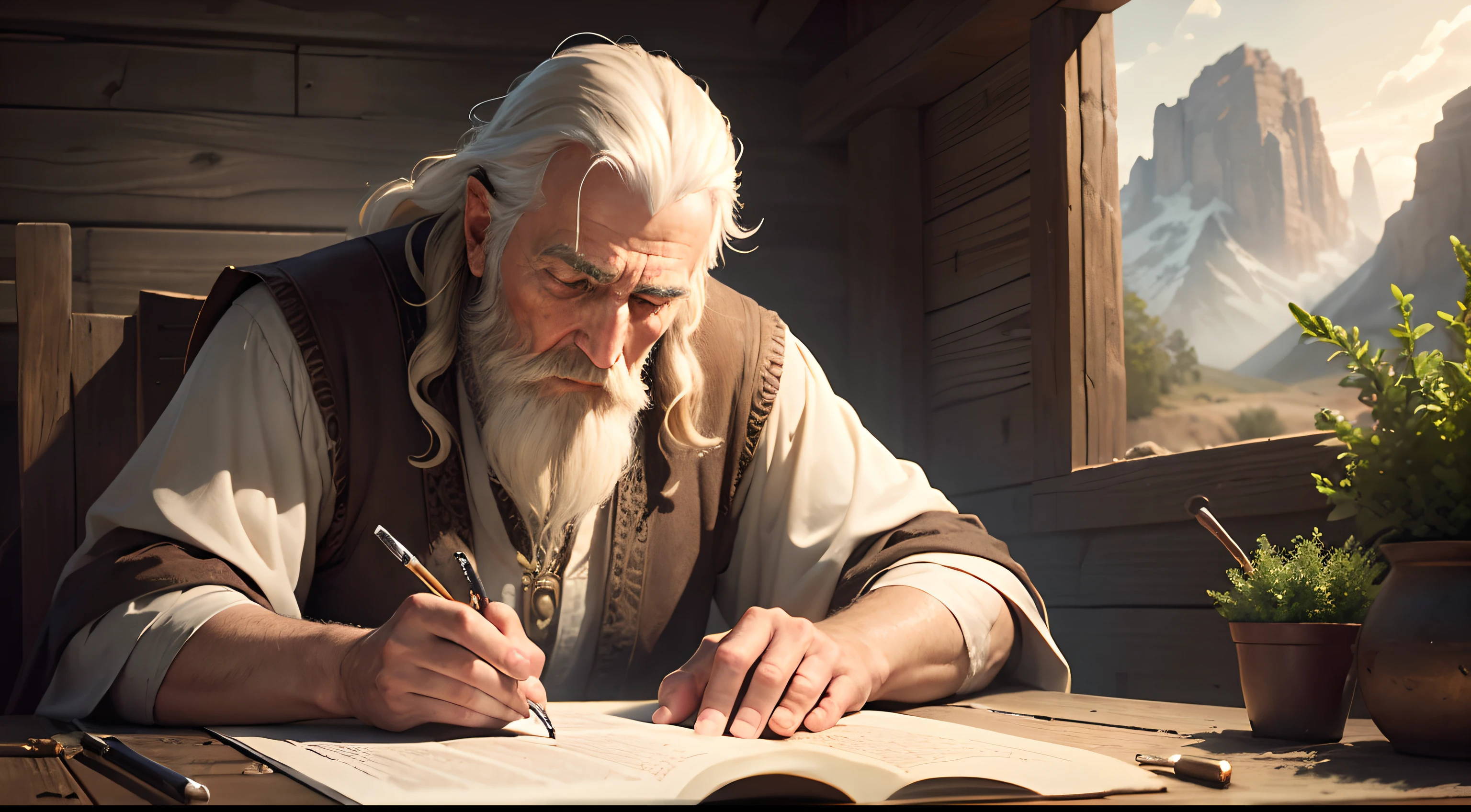Develop an ultra-realistic image of an Old Testament prophet in a moment of reflection, Imagine him writing a scroll in a rustic setting