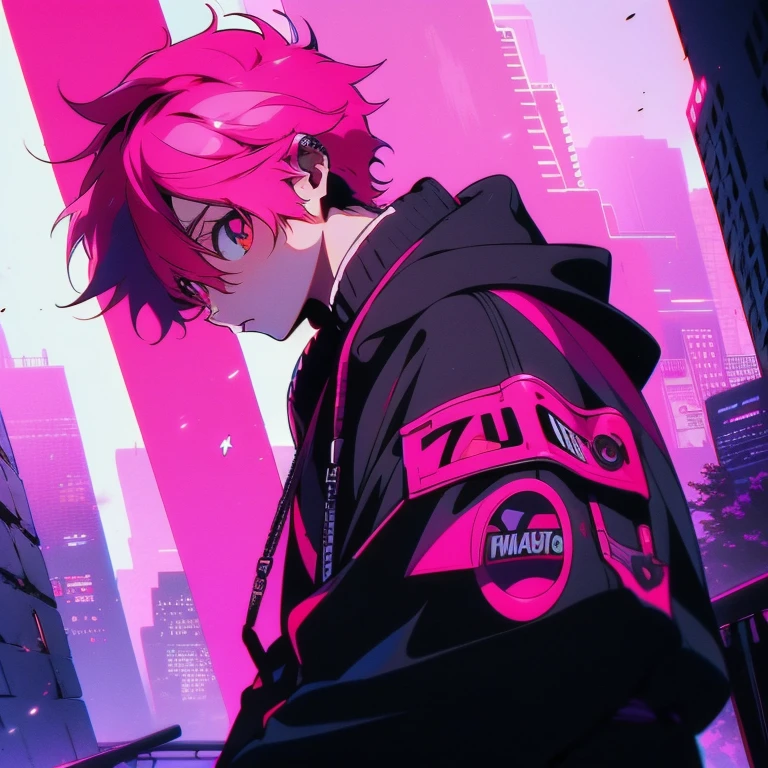 (short-cut), (Two-block hair), (vivid pink hair), (male character), (Red Eyes), (Cool pose), (of the highest quality), (masterpiece), (ultra-detailliert), (Oversized hoodies), (headphones), (Street), (neons), (Camera from a down angle), (Modern City), (neonsデイライト), (Cinematic), (Stylish), (hight resolution), (Hyper Detailed), (Looking at the camera), (Anime-style), (Softtown), (nightcore), (a handsome man), (Listening to music), (natural appearance of the building), (casual), (ig studios anime style),