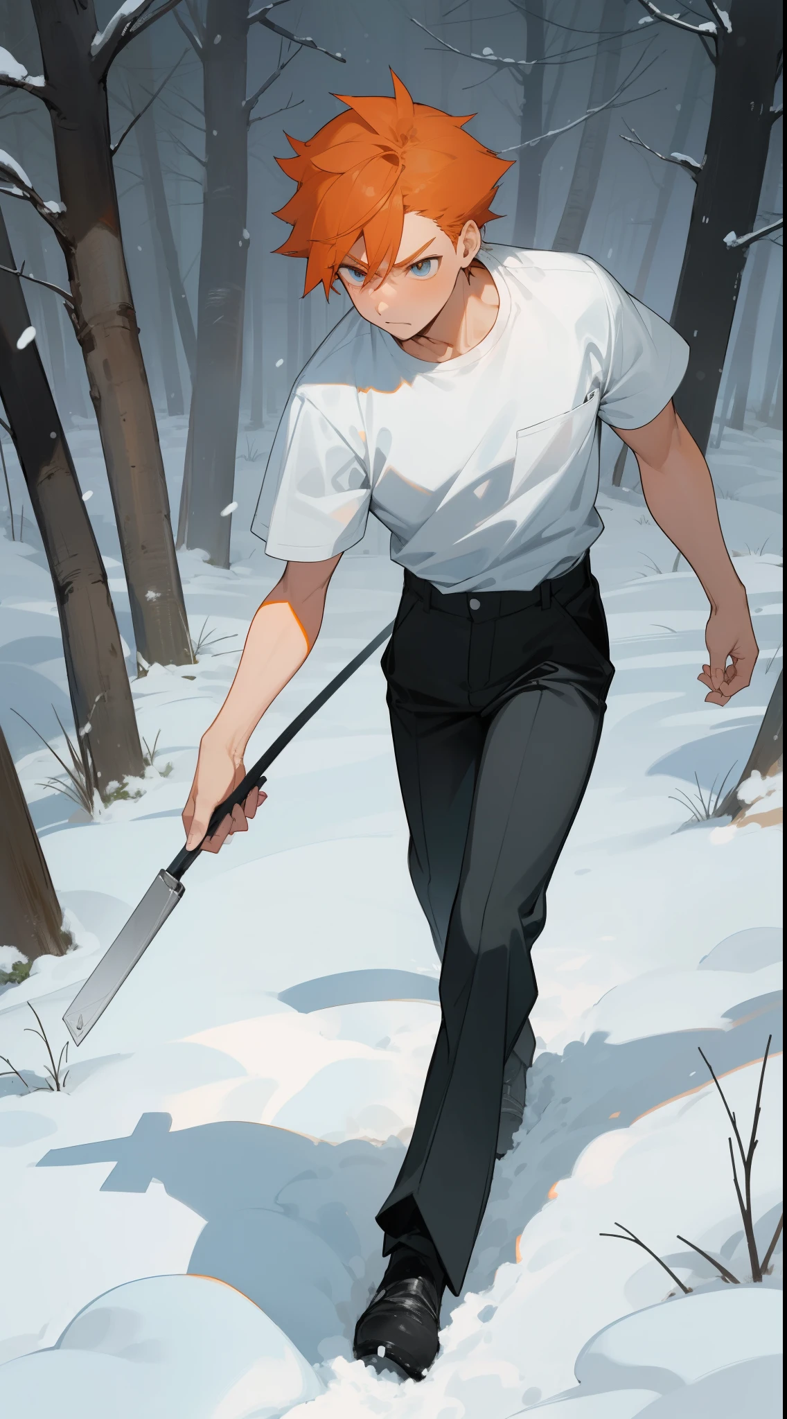 1boy,20s, orange hair, blue eye,((white shirt,short sleeves,black pants)), style by makato shinkai.(walking,snow,snowing,night,forest,trail),angry face