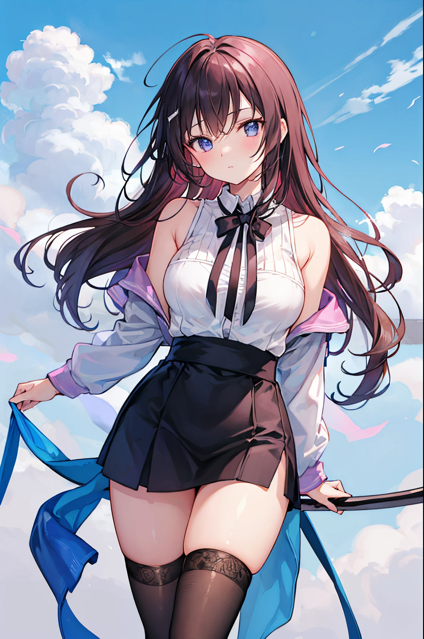 A beautiful girl in a miniskirt looking back at a sunset,, anime girl, embarrassed look, perfect anatomy, ((turtleneck, purple miniskirt, white knee socks)), big rounds breasts, (bare chest), dark brown hair, (hair tousled by the wind, messy hair, Broken hairstyle), long bangs, long hair, wavy hair, shiny hair, french braid, magenta ribbon, aqua eyes, (Eye and face details:1.0), (Bokeh:1.1), glowing eyes, pupils sparkling, earrings, blush, glossy lips wonderful face and eyes, (amazingly beautiful girl), my back is turned, showing your butt, Angle from the back, ((The wind flips my skirt:1.3, panties, cute ass), (butt crack:1.4)), focus on the butt, professional lighting, high detail, (super detailed), (Very detailed CG synthesis 8k wallpaper), anime, anime style, cinematic lighting, dithering, image fill, character chart, multiple views, cinematic lighting, vanishing point, perspective, panorama, Wide-Angle, f/1.8, 85mm, Nikon, 8k, super detail, UHD, retina, masterpiece, accurate, anatomically correct, textured skin, high details, best quality, highres, 16k