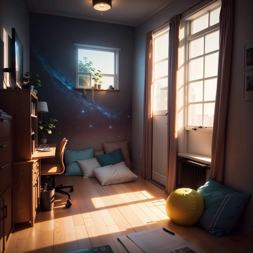 Cozy space theme hackercore bedroom photo, low light, after work, (extremely detailed CG unity 8k wallpaper), (best quality), (best illustration), (best shadow)