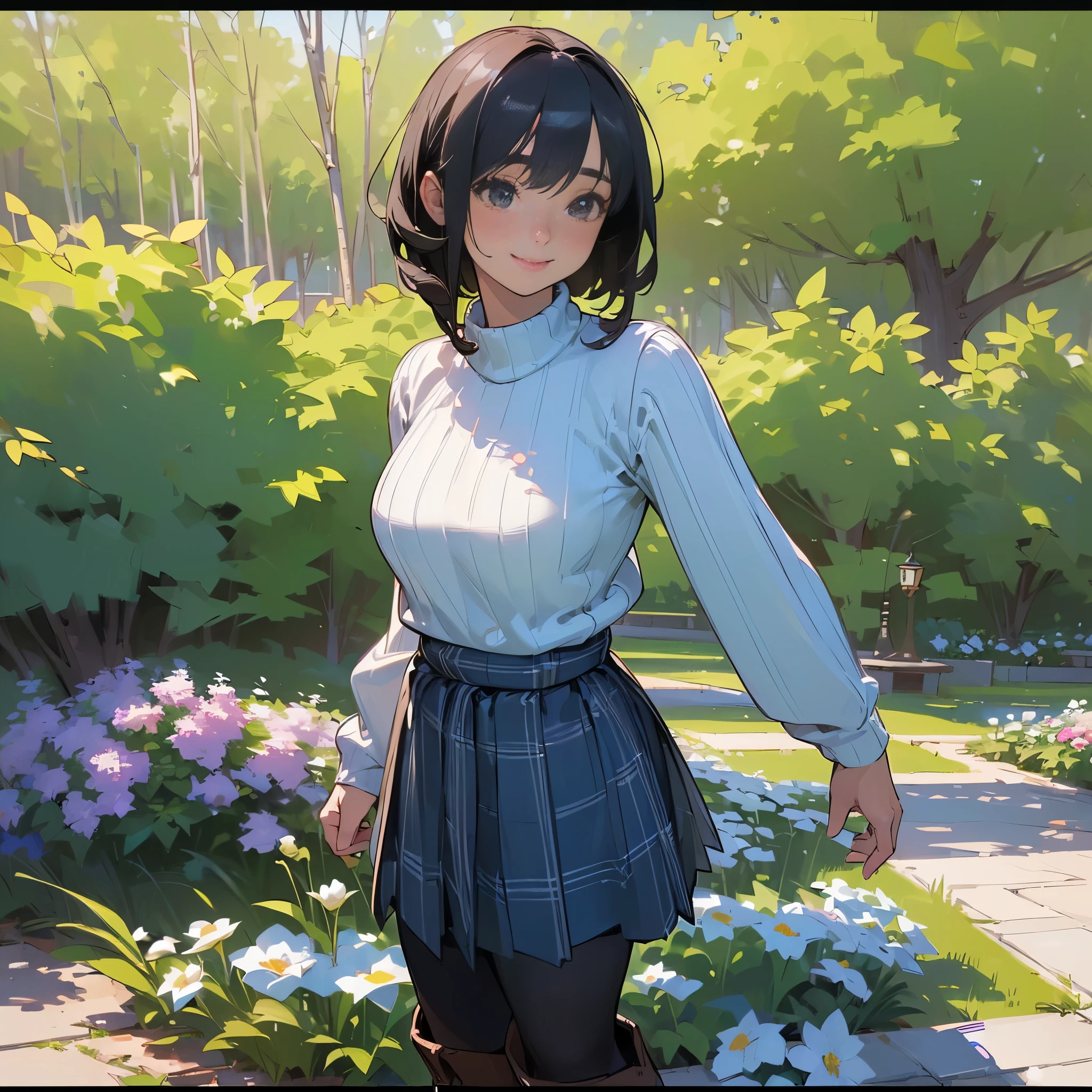 (High quality, High resolution, Ultra-detailed, Realistic:1.37), peaceful ambiance, (plein air, garden), Teenage girl standing alone, (My breasts are big.), Beautiful detailed features, Cute smile, (Black bob hair), Ribbed sweater, blue plaid skirt, Black tights, Brown boots.