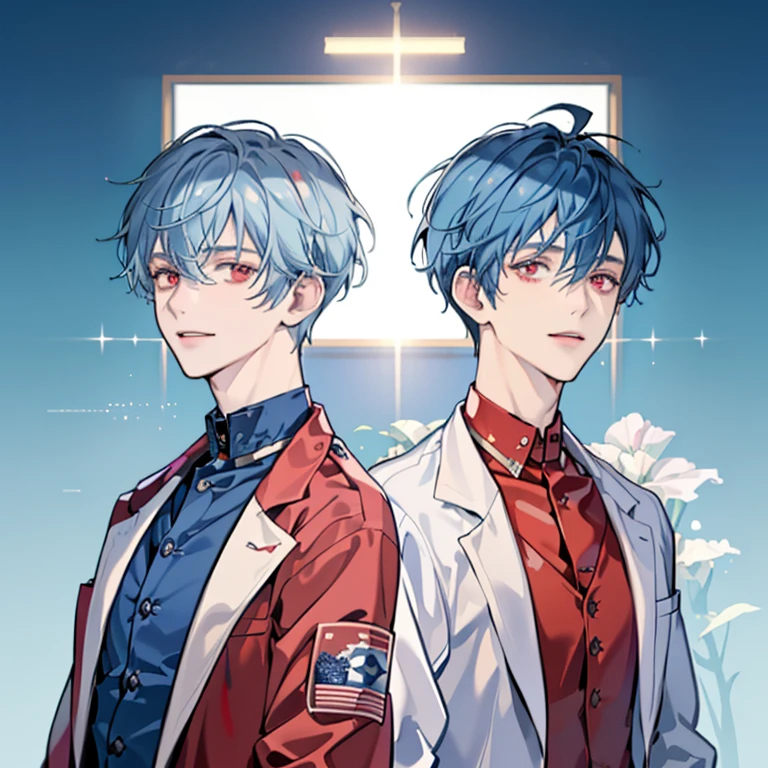 beste-Qualit,extra high resolution,2Man,light-blue hair,navy blue hair,Short hair,Smile with,red eyes,White laboratory coat、red tie,Half-body,looking a viewer,Experimenter,scientists,2 agers,Twins,laboratory,laboratory,Anime style, (/laboratoryoratory background 1.5)