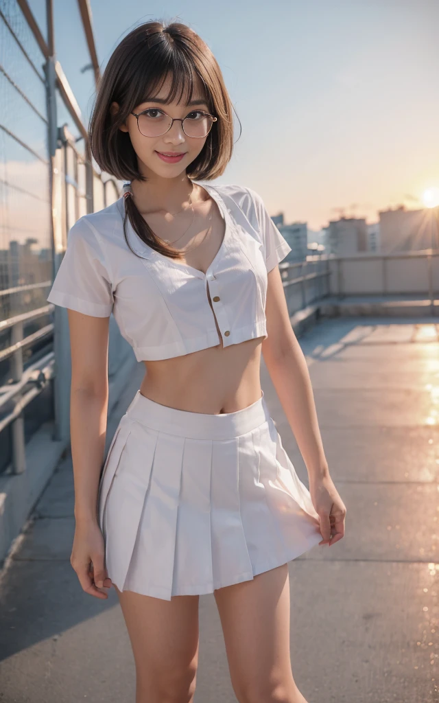 8k,cinematic lighting,top-quality,Top image quality,masterpiece,best quality,depth of field,ultra-detailed,from below,Standing,mideum shot,full body,1girl,Japanese,32 years old,(Gyaru:1.2),(Black hair,very short messy bobcut:1.2),(Oval light brown cell frame glasses:1.2),detailed brown eyes,(slender body:1.2),((flat chest:1.5)),slightly large hip,(tanned skin), (School Rooftop:1.1),sunset,magic hour,smile,(blushing:1.4) JP SCHOOL UNIFORM,22 years old,face,looking at viewer,