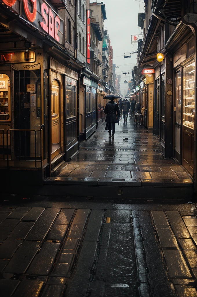 ((masterpiece)),((best quality)),((high detail)),((realistic,)) Futurist era city, architectural streets, bazaars, futuristic train lines, cyberpunk, buildings, night, European city, rainy, neon