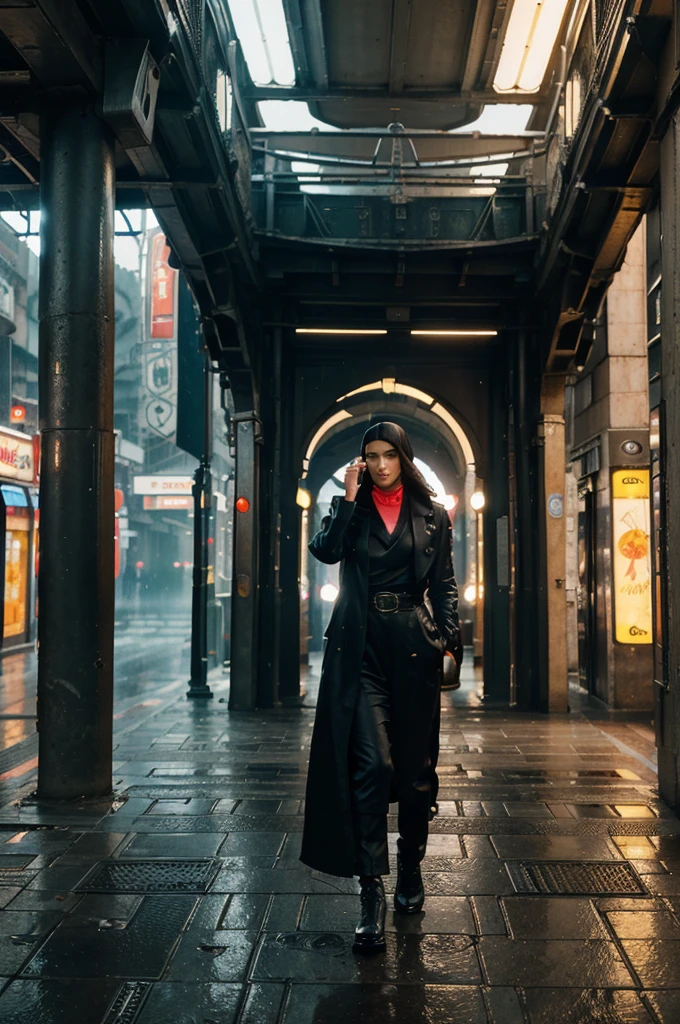 ((masterpiece)),((best quality)),((high detail)),((realistic,)) Futurist era city, architectural streets, bazaars, futuristic train lines, cyberpunk, buildings, night, European city, rainy, neon