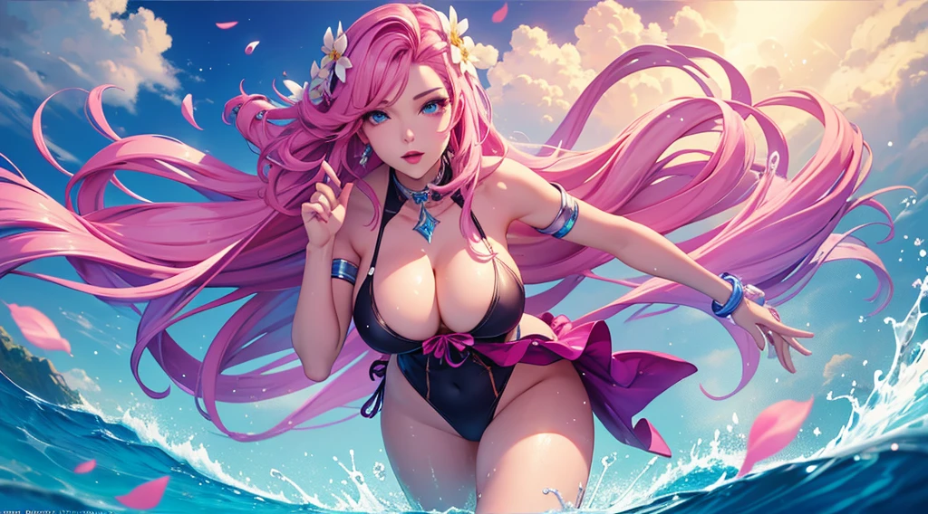 seraphine1, league of legends, pink hair, swim suit, big boobs, cleavage, digital illustration, vibrant colors, soft lighting, perfect face, absurdres, ultrasharp, 8K, glowing effects, long hair, sakura flowers, bubbles, petals, ocean, water