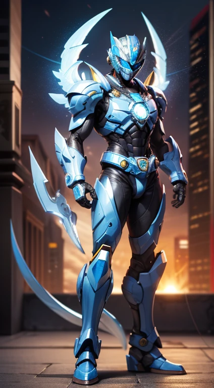 Handsome man, made of blue metal, (Blue Cyborg: 1.1), (((Blue Power Ranger's style helmet with chrome face plate))), ([Tail | Detail Wire]: 1.3), (Complex Detail), HDR, (Complex Detail, Ultra Detail: 1.2), Cinematic Shot, Masterpiece, Best Quality, High Resolution, Centering, cyber wings, standing, full body, city, night