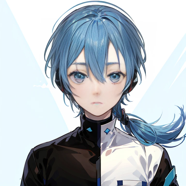 (Blue-haired boy's avatar, coldness, Two-dimensional style, Simple White Background,large head)