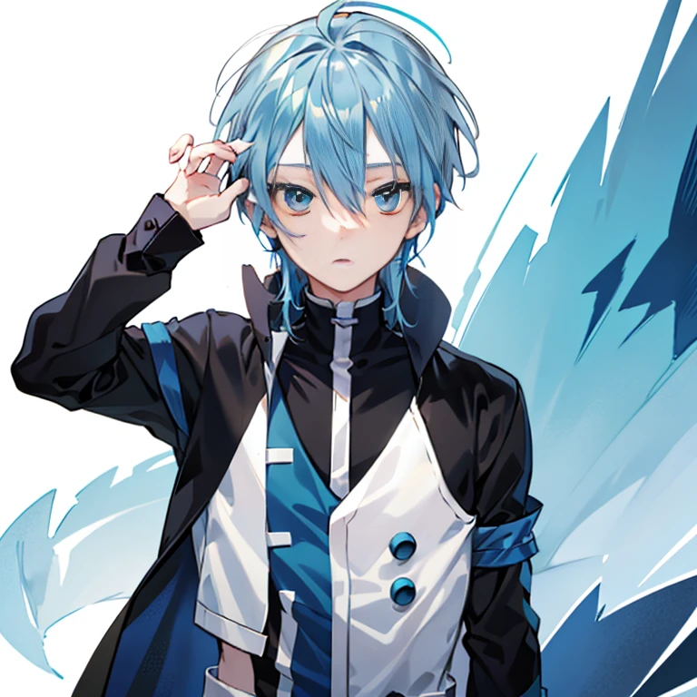 (Blue-haired boy&#39;s avatar, coldness, Two-dimensional style, Simple White Background，large head)