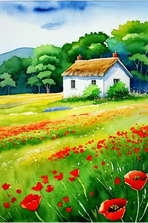A small cottage next to a wildflower field watercolor HD lonely abandoned, poppys