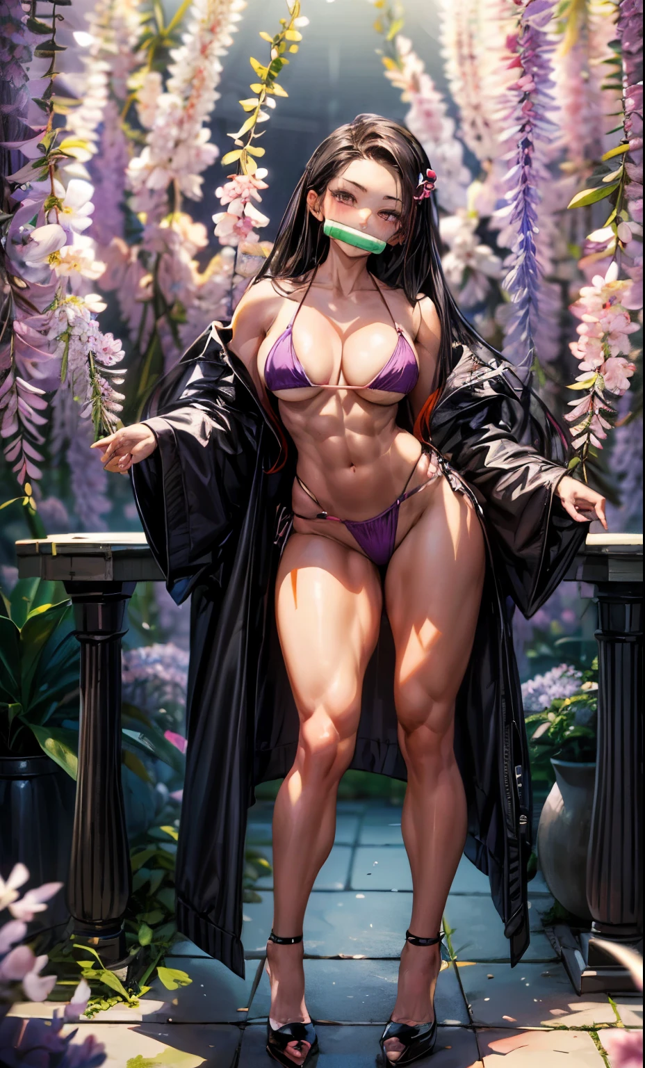 Masterpiece, (very sexy bikini), seductive face, good lighting, cleavage, fine details, masterpiece, bright eyes, 1girl, black hair, gag, bamboo, Nezuko Kamado, wisteria background, masterpiece, best quality, Pov, full body, wide hips, NSFW, Skir is located, Shaped legs, muscular belly, wearing black high heel shoes, standing