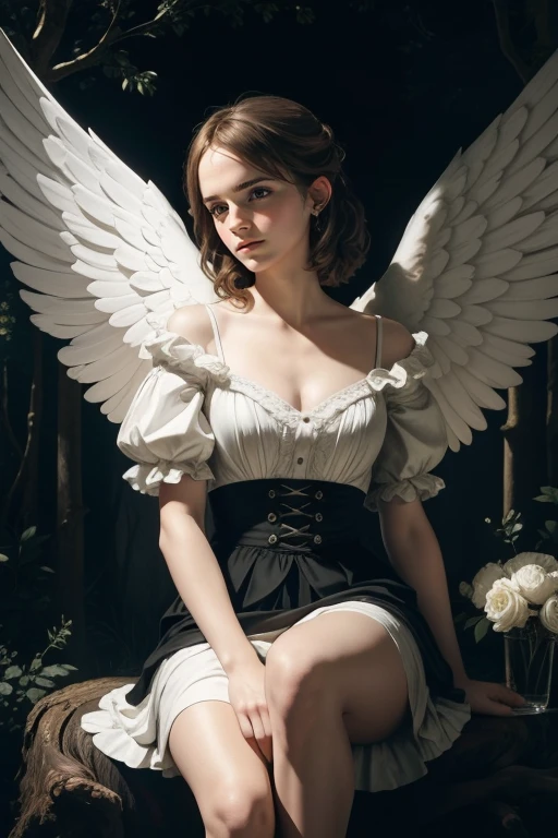 a cute angel woman, mature, adult, beauty (emma watson), tall, solo, is sitting on a stump, white fluffy clouds in the sky  (art by  Caravaggio), renessans (dark-light contrast oil palette canvas/acrylic), intricate, extreme detail, complex key, ((single shot)), ((best quality)), ((masterpiece)), ((realistic)), 8k, baroque art painting, white wings, sunlight