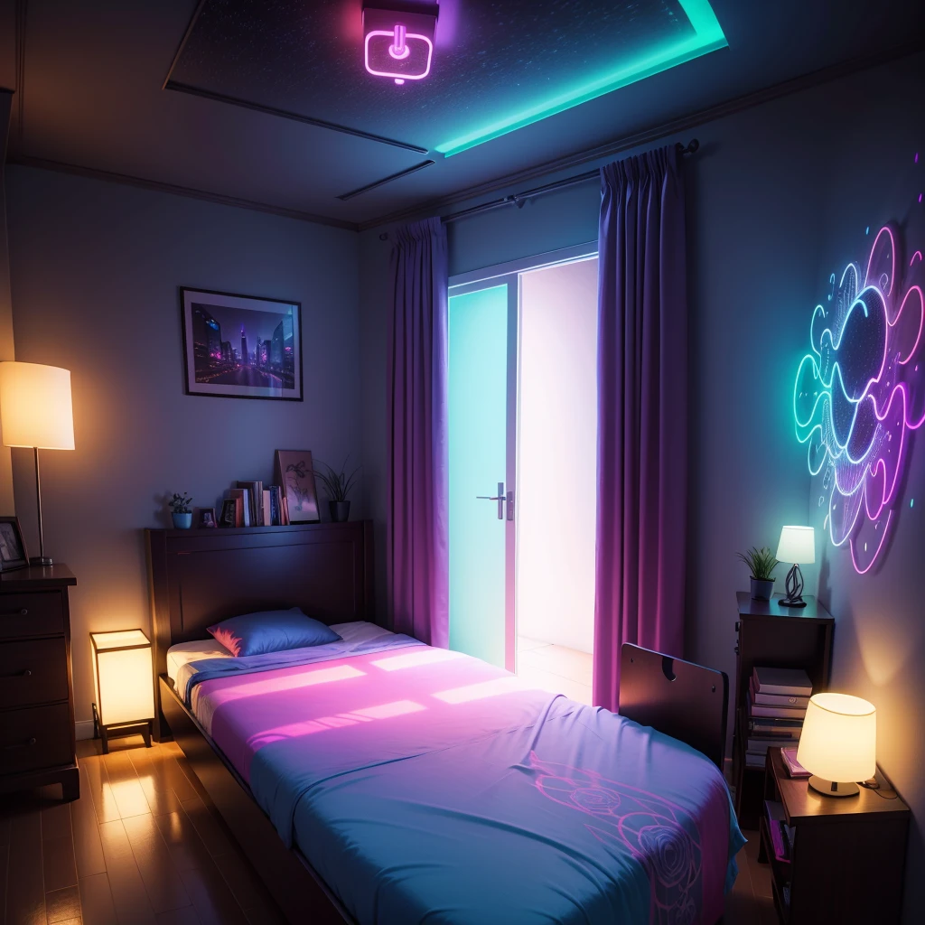 Beautiful Colorful and mystic Bedroom, led neon lights, (extremely detailed CG unity 8k wallpaper), (best quality), (best illustration), (best shadow)