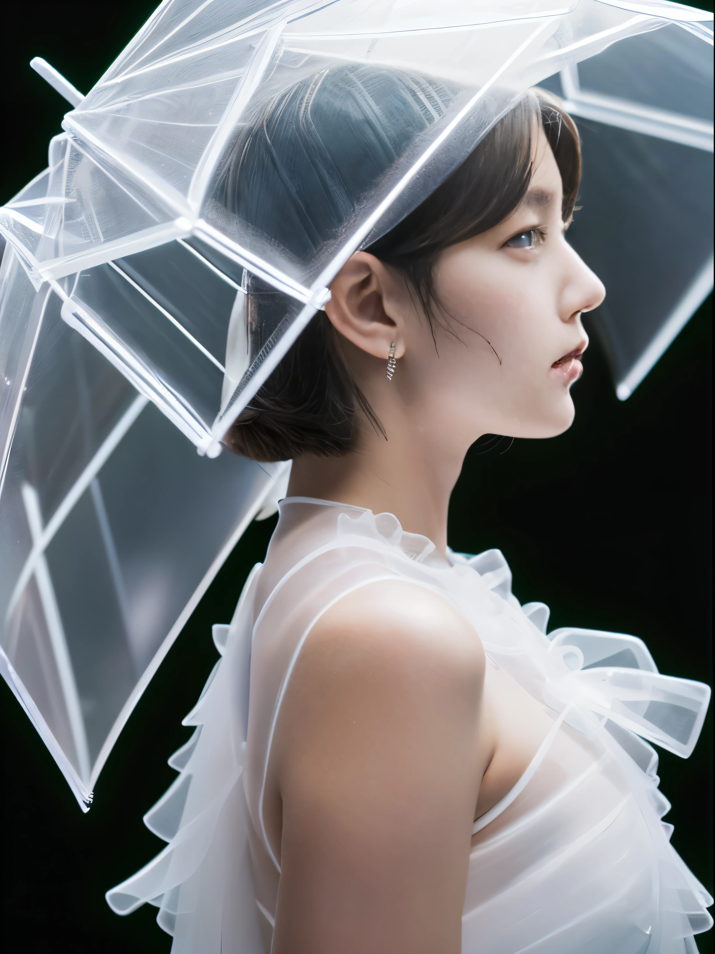 Highest Quality,perfect masterpiece,Perfect Artwork,Formula works,8K,, (Upper body portrait:1.3),((Seen from the side:1.5)),close-up lenses,Delicate face,, 17 years old,white-haired girl,(hakuhatsu:1.5),Short and medium hair,((White transparent eyes:1.5)),(White Dress:1.2),(:1.2),(Black background:1.3),, Pearl Illusion,Cyberpunk,fashion trend,3S Material,hight resolution,Detailed expression,C4D,。.。.3D,Octane Rendering,Ray tracing,intricate-detail,Animated Lighting,Okrenderer,