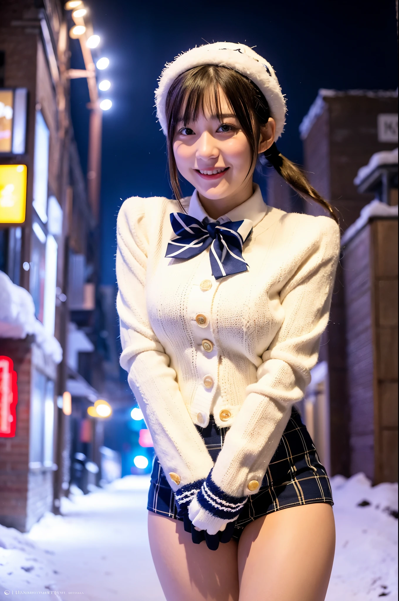 girl in snowy town street with colorful illumination at night,white knitted hat,white shirt with red bow tie,white leggings,navy blue long coat,plaid pleated skirt,red gloves,18-year-old,bangs,a little smile,thighs,knees,short cut hair,poneytail,from below