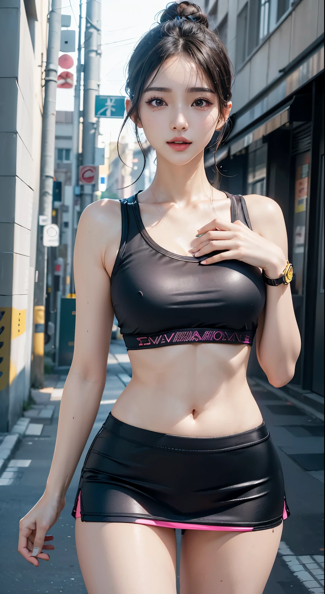 (of the highest quality),8K,(masutepiece:1.3),(1 girl:1.3),(medium breasts:1.3),Realistic,High resolution,Highly detailed face and skin texture,Realistic faces,Original photo,((美丽的面容:1.5)),(Beautiful woman:1.4),Perfect body proportions,Whiten skin,Shiny skin,((Ultra-detailed face)),Attention to detail,Double eyelids,Eyeshadow enhancement,Eye of Detail,Professional Lighting,Cinematic lighting,Focus Sharpening,((sporty style)),((light, Brightly colored clothing)),Brightly colored t-shirts,Short skirt,((Lively,Active,vivaciousness)),((Thighs in panty pose)),(Erotic:1.3),in a street