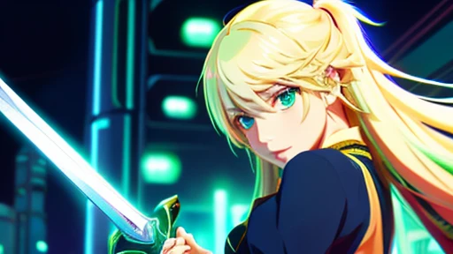 ２D An anime-style, lively cyberpunk-style beautiful girl with white peach hair holds a sword on the right side.、Computer wallpaper based on red, green and blue