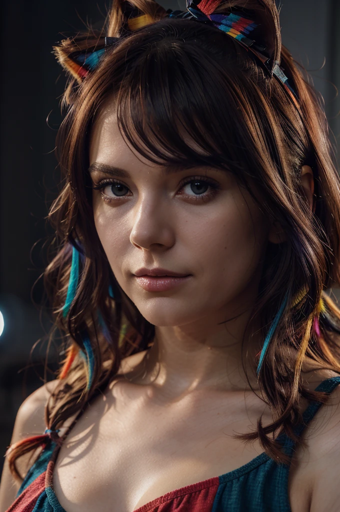 multicolored hair, hair ribbon, Surrealism, cinematic lighting, close-up, UHD, high details, masterpiece